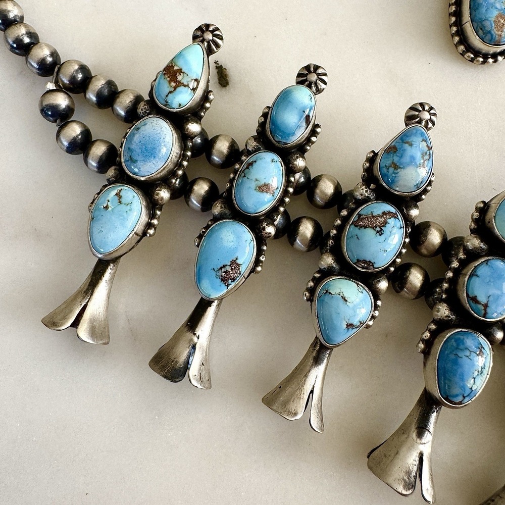 Navajo Squash Blossom Necklace Golden Hills Turquoise Signed Skeets Sterling - Picture 7 of 15